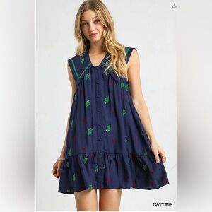 Umgee Navy Sleeveless Embroidered Sundress with Green & Red Accents
